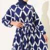 ⁦Elastic Waistband Belted Patterned Dress Navy Blue⁩ - الصورة ⁦2⁩