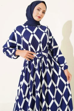منظر بديل لـ Elastic Waistband Belted Patterned Dress Navy Blue