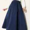 Elastic Waist Flared Denim Skirt Navy Blue