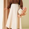 Elastic Waist Flared Midi Skirt Beige