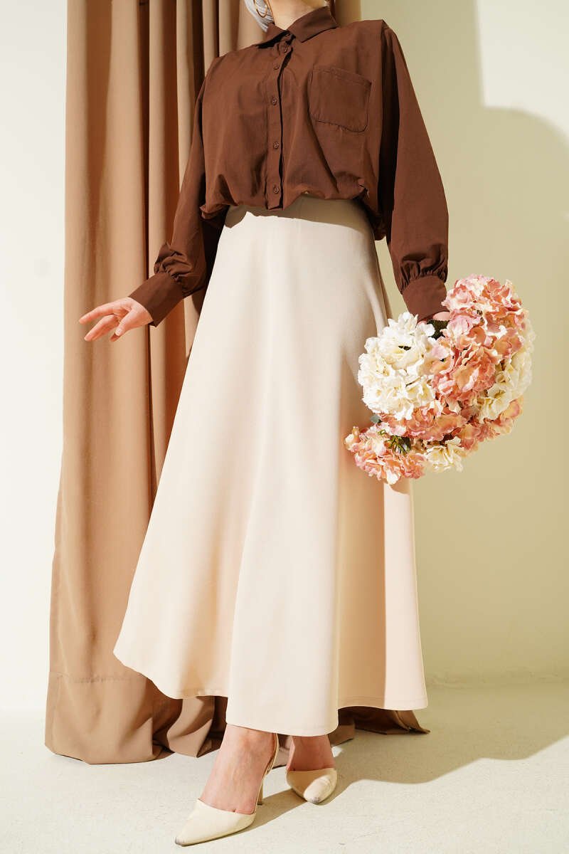 Elastic Waist Flared Midi Skirt Beige