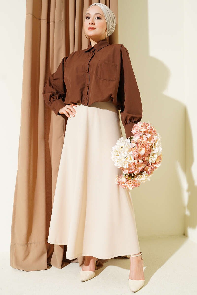 Elastic Waist Flared Midi Skirt Beige – Bild 2