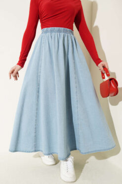 Elastic Waist Flared Denim Skirt Light Blue