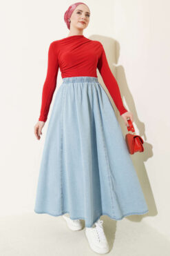Alternative view of Elastic Waist Flared Denim Skirt Light Blue