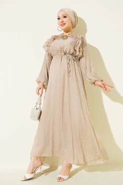 Elastic Waist Ruffled Dress Beige