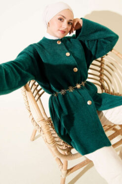 Elastic Waist Soft Fuzzy Cardigan with Hem Edge Emerald