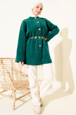 Alternative view of Elastic Waist Soft Fuzzy Cardigan with Hem Edge Emerald