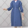 Long Elastic Waist Modest Coat Indigo