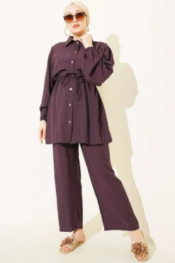 Belted Tunic Shirt Two-Piece Set Dark Brown