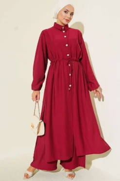 Belted Long Tunic Two-Piece Set Burgundy