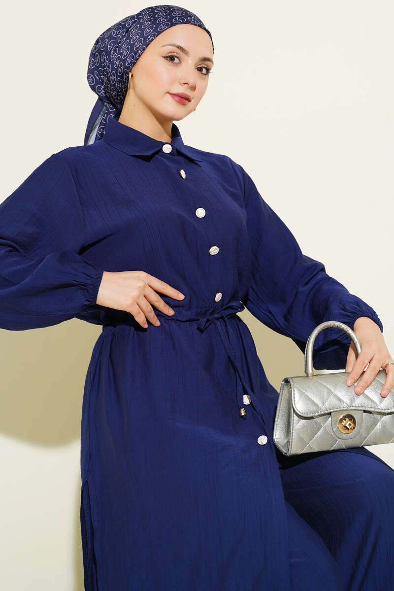 Belted Tunic with Buttons Long Two-Piece Set Navy Blue - Image 2