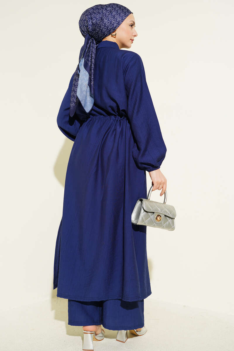 Belted Tunic with Buttons Long Two-Piece Set Navy Blue - Image 3