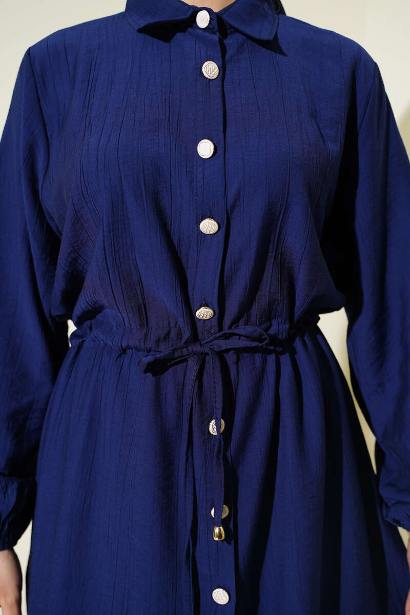 Belted Tunic with Buttons Long Two-Piece Set Navy Blue - Image 4