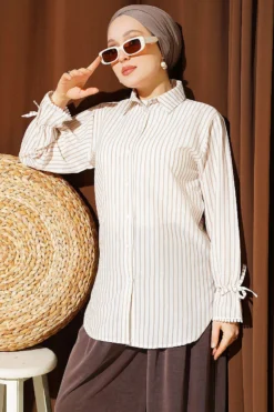 Striped Shirt with Ankle Ties Beige