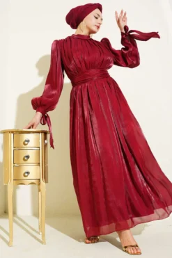 Ankle Tie Belted Evening Dress Burgundy