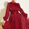 Ankle Tie Belted Evening Dress Burgundy - Image 2