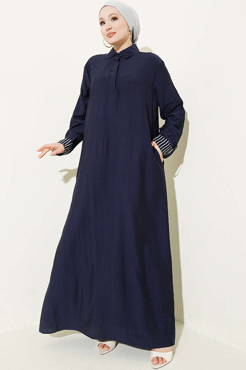 Ankle Striped Half Buttoned Dress Dark Navy