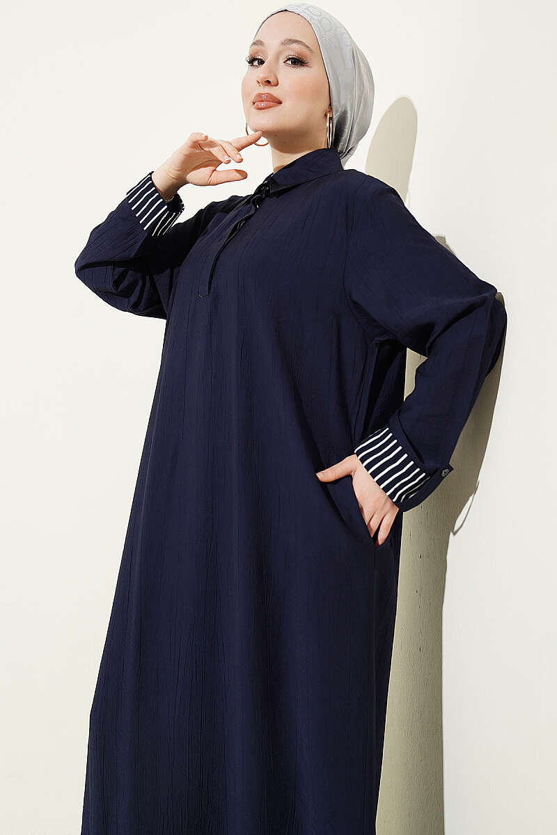 Ankle Striped Half Buttoned Dress Dark Navy - Image 2