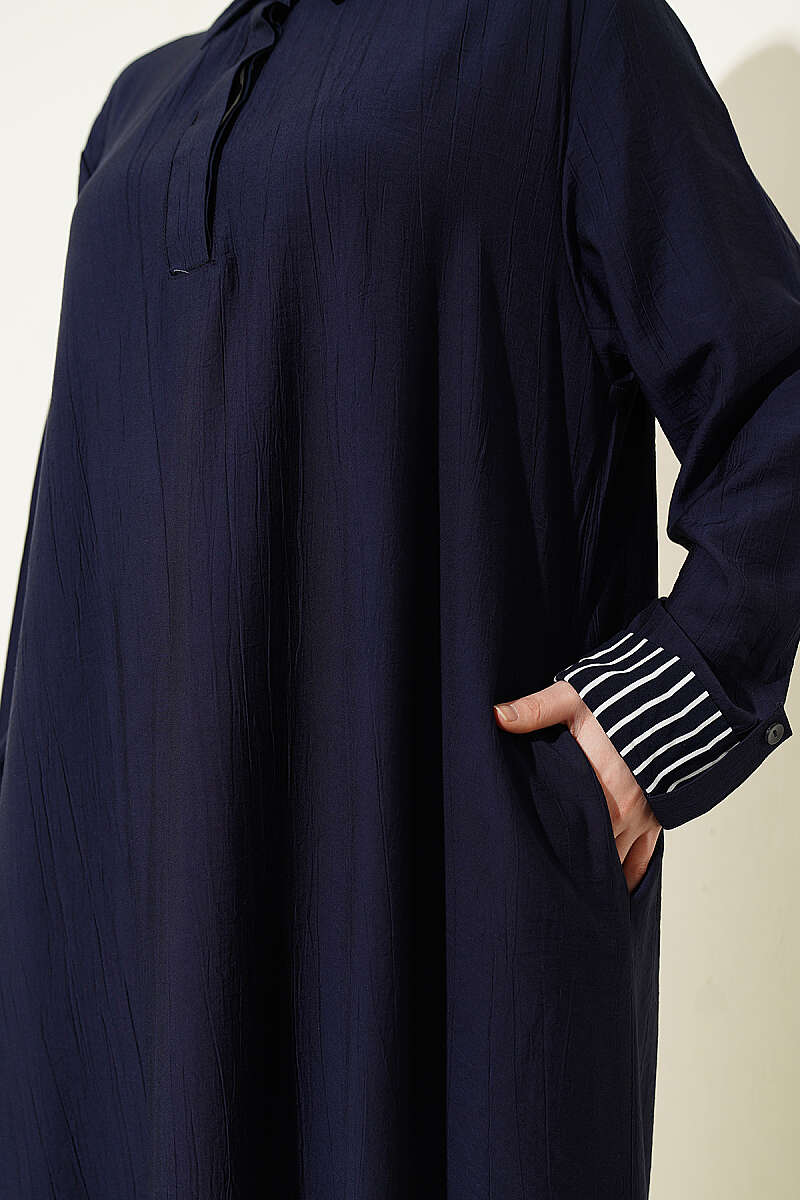 Ankle Striped Half Buttoned Dress Dark Navy - Image 4