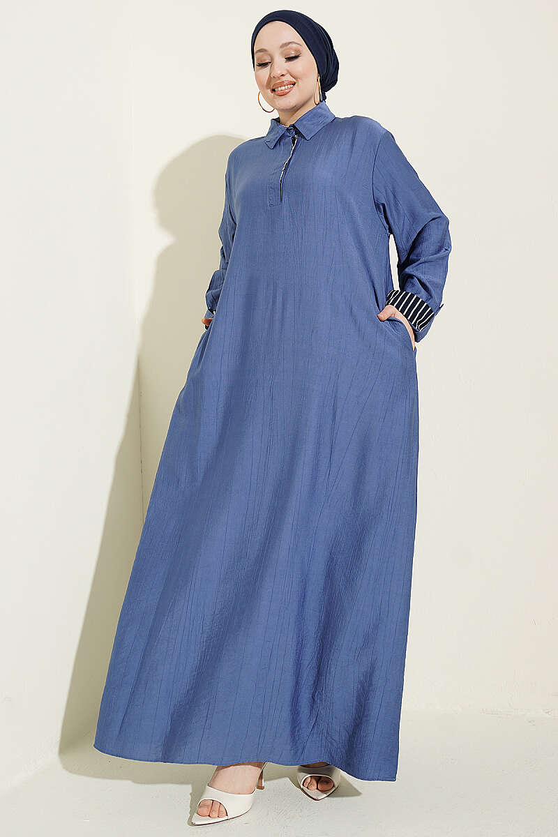 Ankle Striped Half Buttoned Dress Dark Navy - Image 5