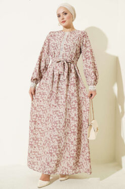 Ankle-Length Dress with Lace Detail Beige