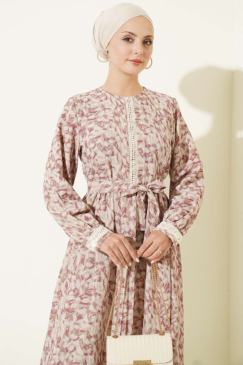 Ankle-Length Dress with Lace Detail Beige - الصورة 2