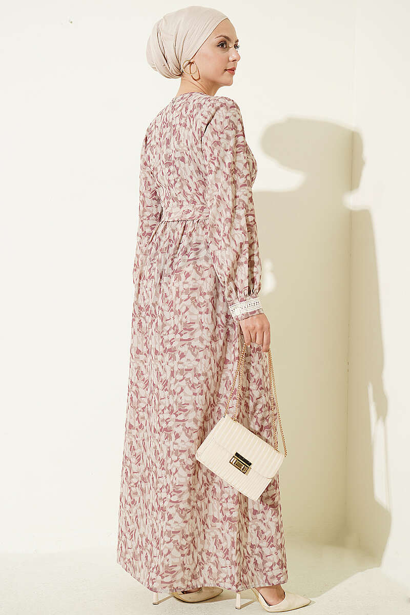 Ankle-Length Dress with Lace Detail Beige - الصورة 3