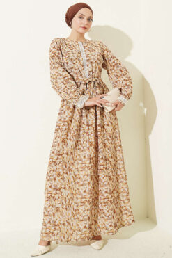 Ankle-Length Dress with Lace Detail Mustard