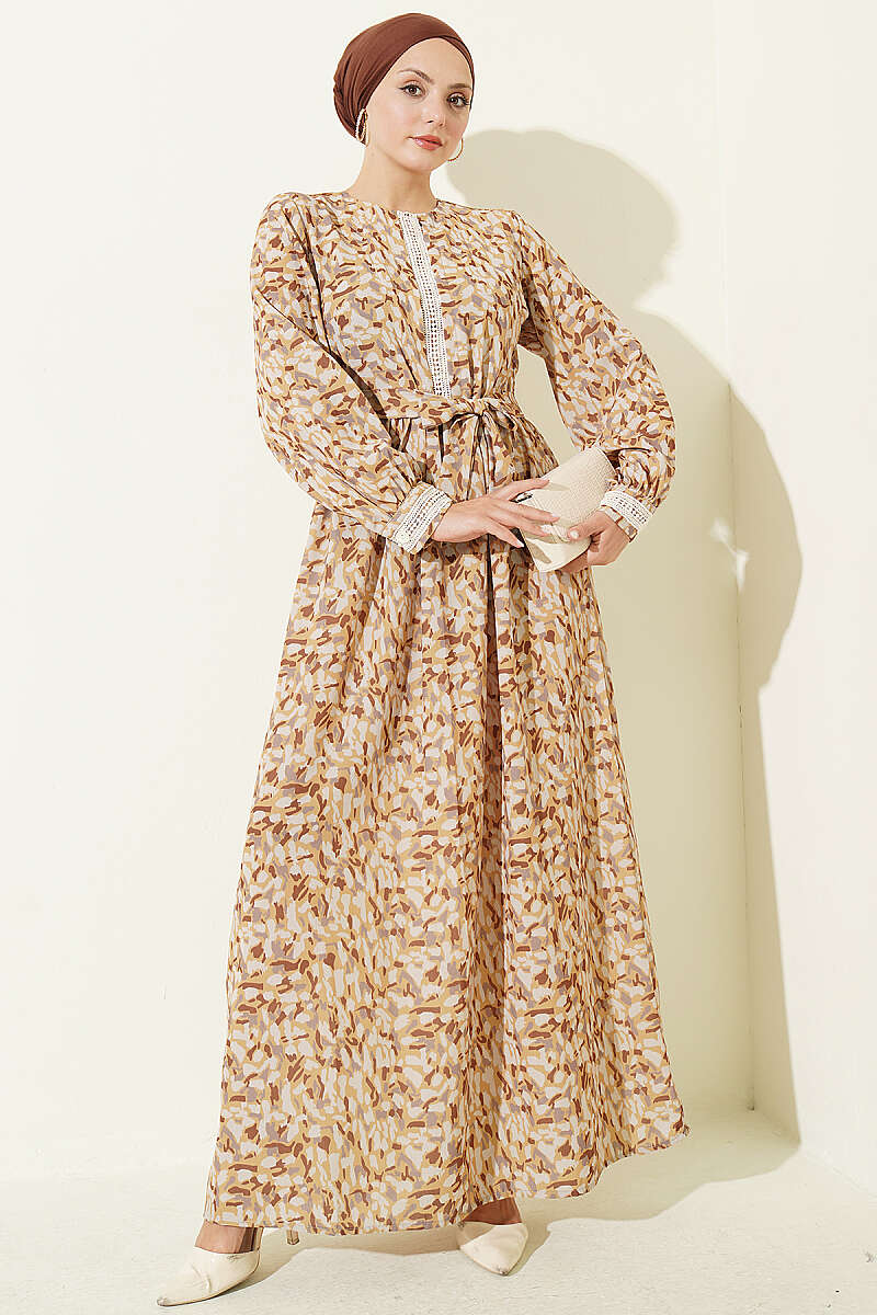Ankle-Length Dress with Lace Detail Mustard