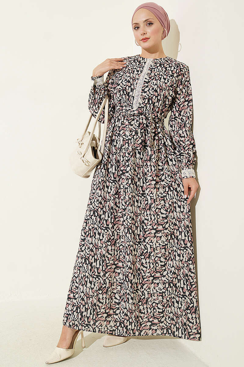 Ankle-Length Dress with Lace Detail Black