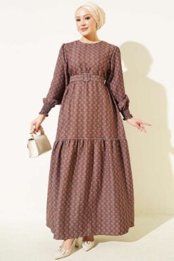 Ankle-Gathered Printed Dress Brown