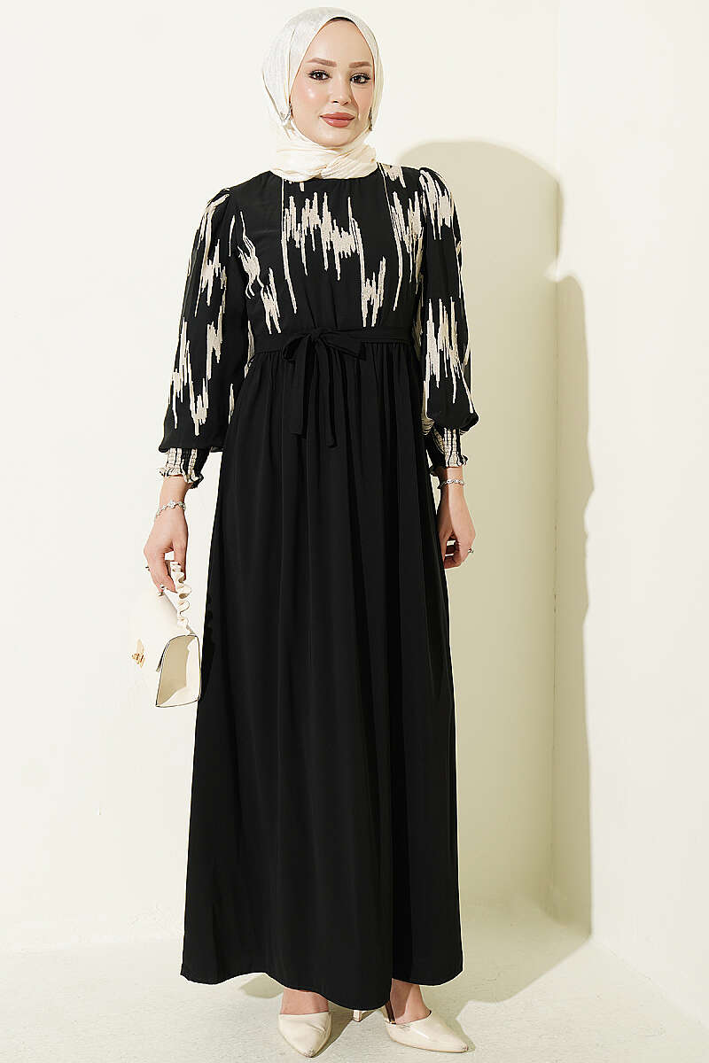 Ankle-Gathered Embroidered Dress Beige