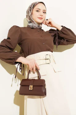 Ankle Tie Balloon Sleeve Short Shirt Brown