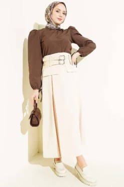Alternative Ansicht von Ankle Tie Balloon Sleeve Short Shirt Brown