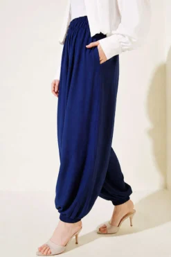 Ankle-Banded Pocketed Harem Pants Navy Blue