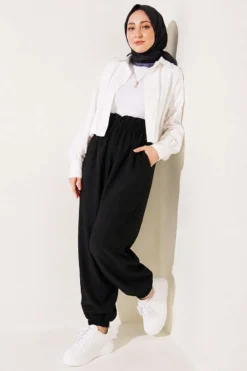 Ankle-Banded Pocketed Harem Pants Black