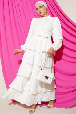 Ankle Elastic Detailed Tiered Dress White