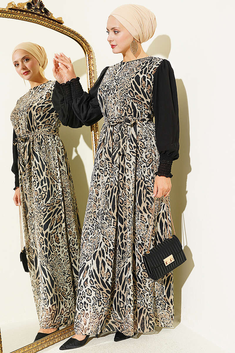 Ankle-Banded Detailed Dress with Leopard Print Leopard