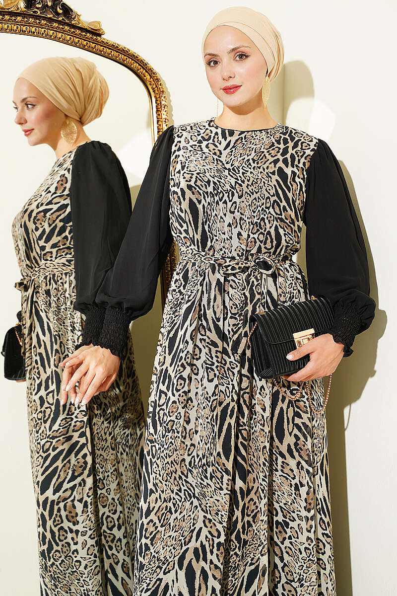 Ankle-Banded Detailed Dress with Leopard Print Leopard - الصورة 2