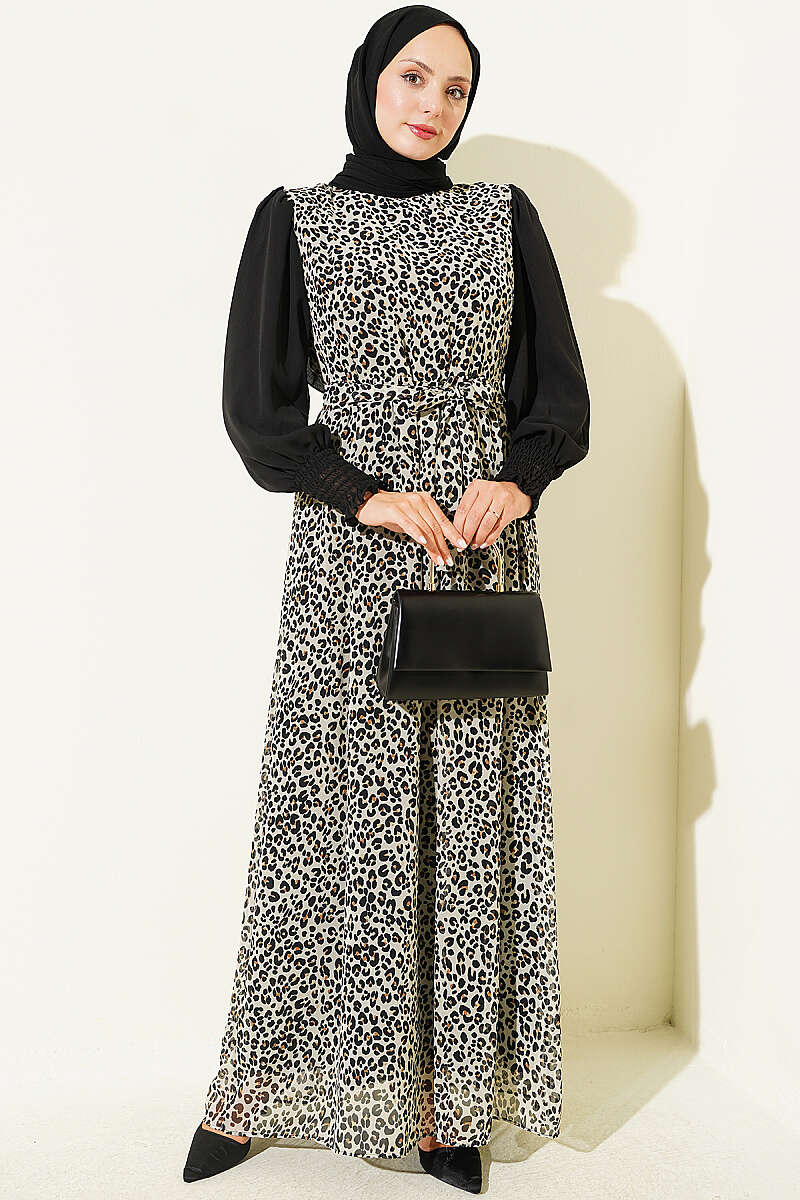 Ankle-Banded Detailed Dress with Leopard Print Black