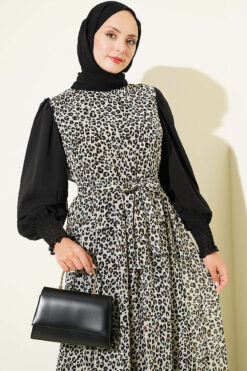 Alternative view of Ankle-Banded Detailed Dress with Leopard Print Black