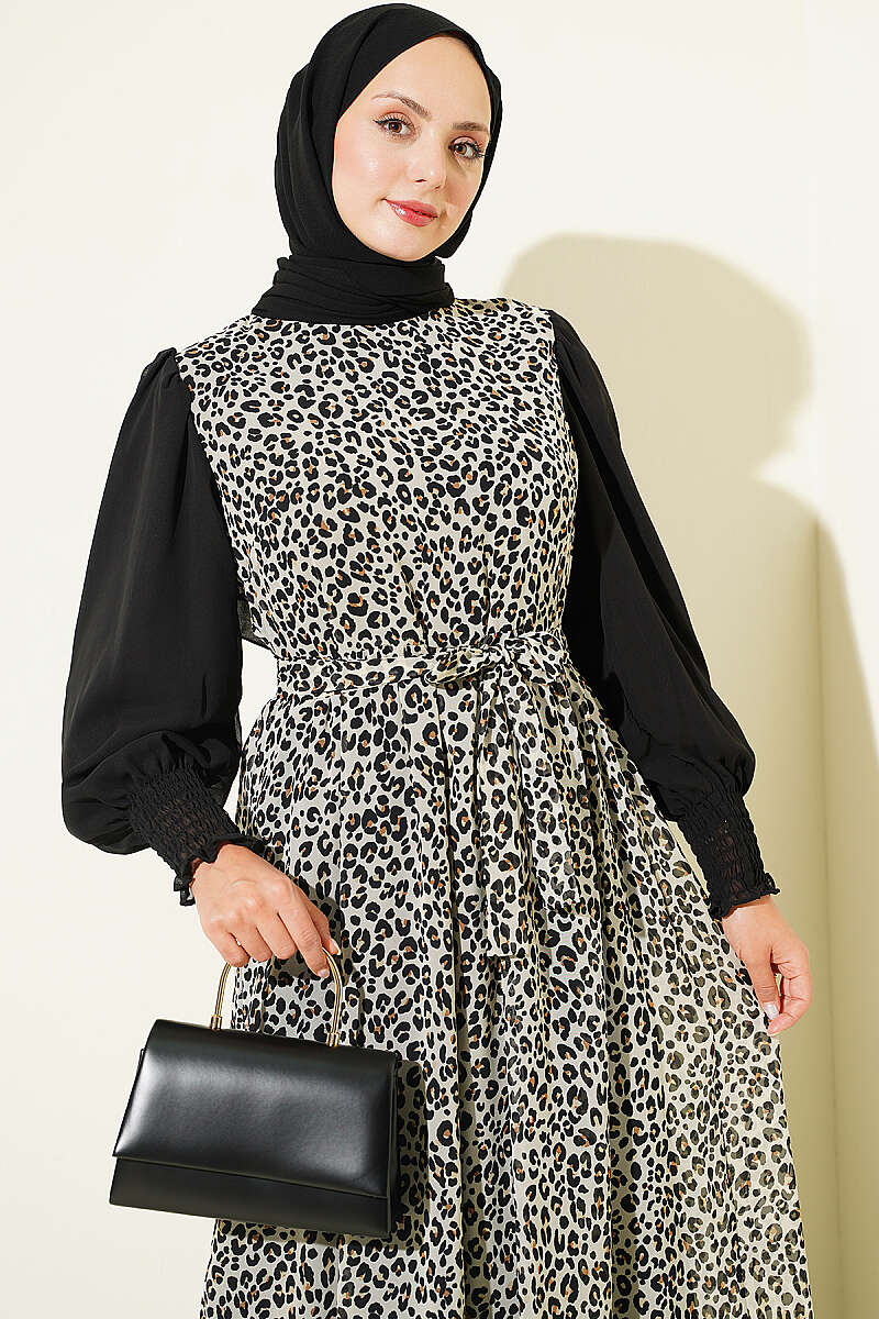 Ankle-Banded Detailed Dress with Leopard Print Black - immagine 2