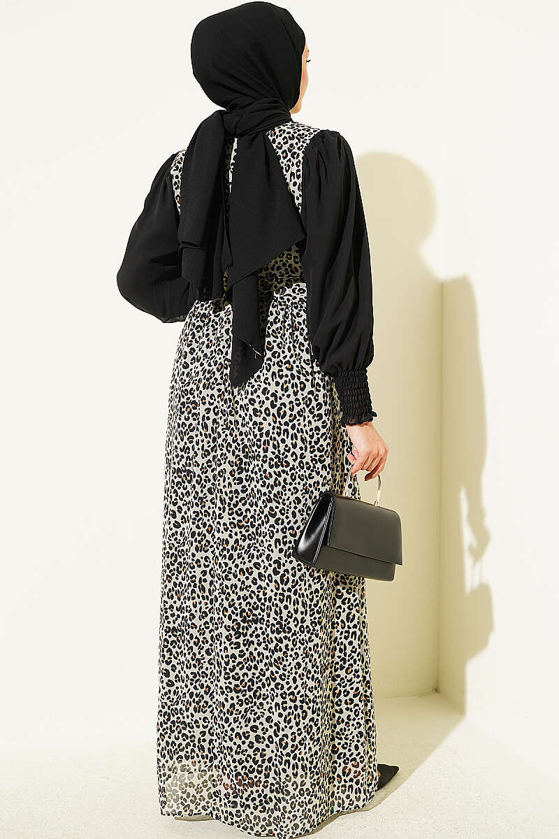 Ankle-Banded Detailed Dress with Leopard Print Black - immagine 3