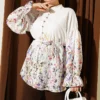 Floral Print Shirt with Cuffed Sleeves Ecru