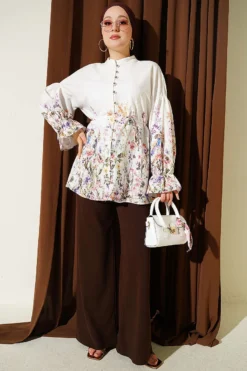 Alternative view of Floral Print Shirt with Cuffed Sleeves Ecru