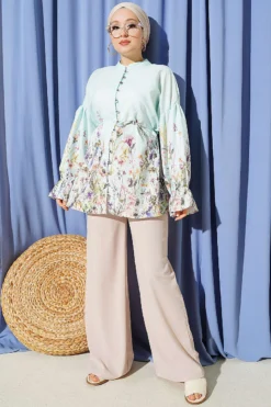Alternative view of Floral Print Shirt with Cuffed Sleeves Turquoise