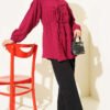 Cuffed Hem Front Tie Shirt Burgundy - Imagen 2