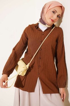 Cuffed Hem Button-Up Shirt Brown