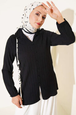 Cuffed Hem Button-Up Shirt Black