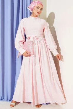 Ankle Cuffed Belted Flared Dress Pink